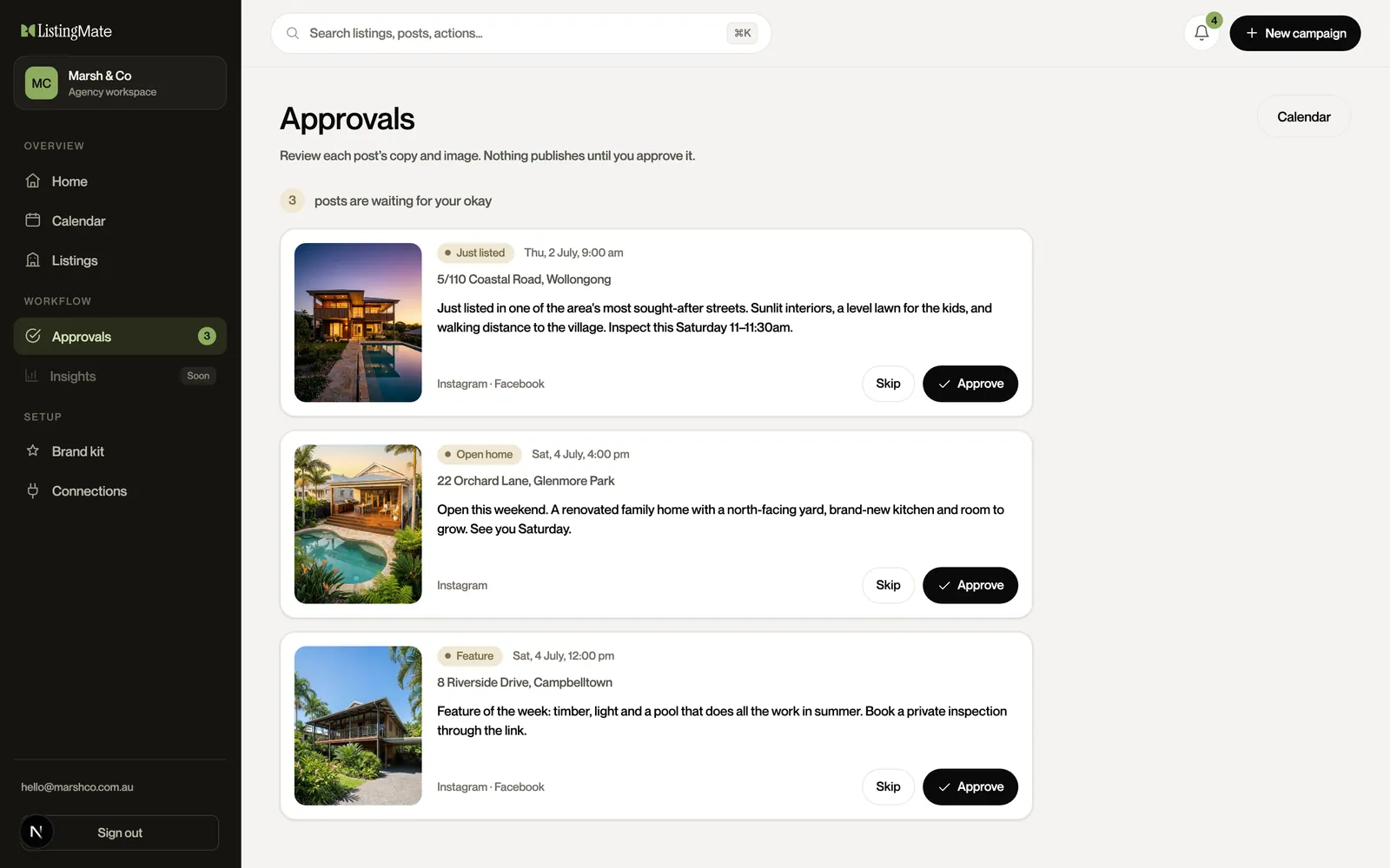 An approvals queue with three social campaigns waiting for a person to approve them