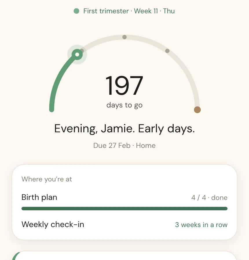 BirthCrew today screen with the days to go and where the birth plan is at