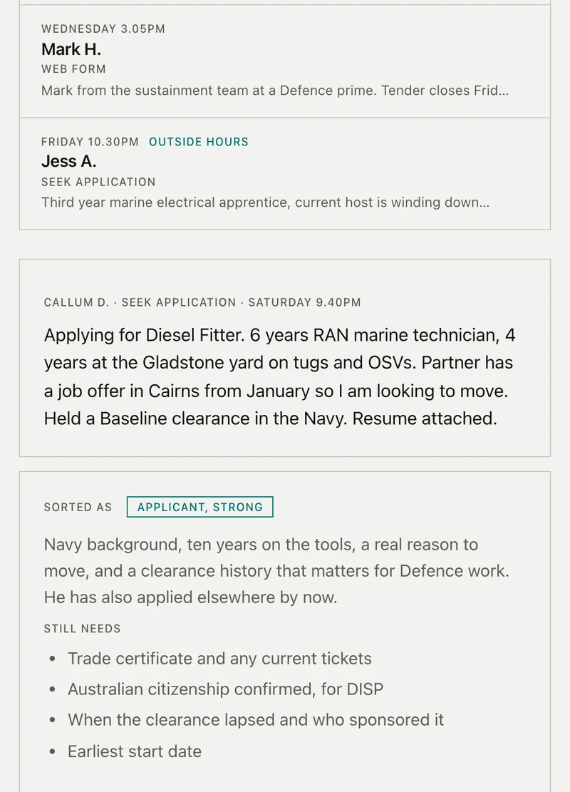 A demo that sorts marine enquiries by urgency and lists what each quote still needs