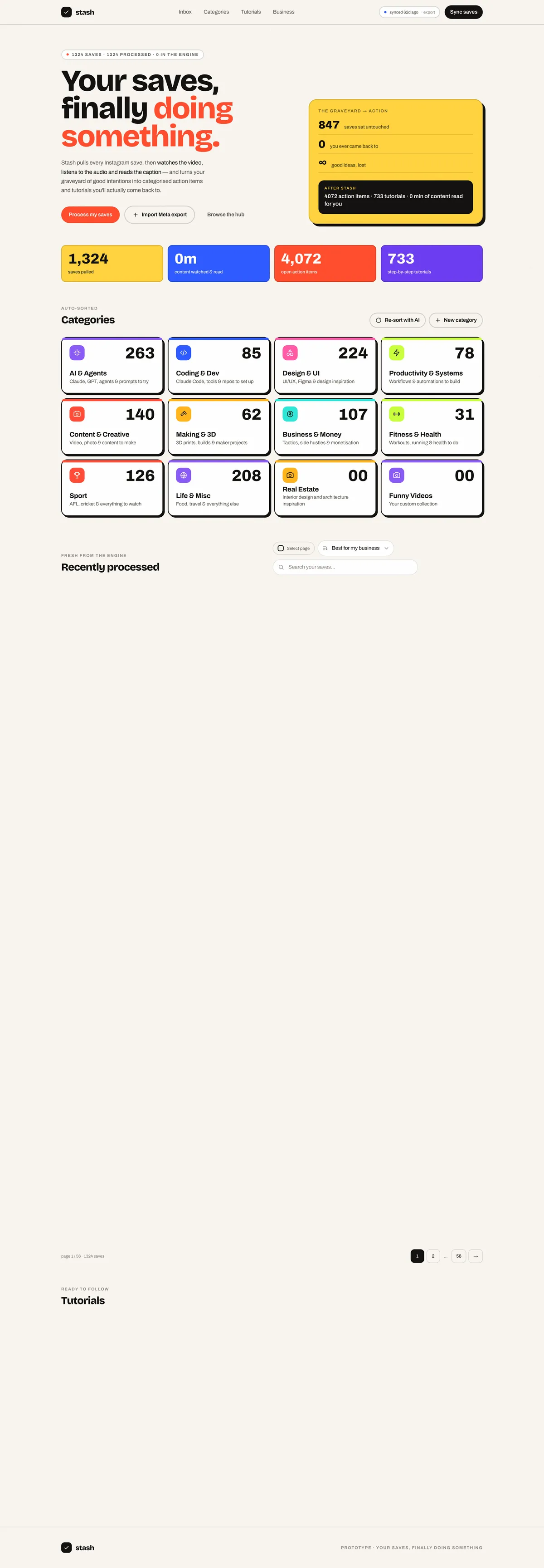 Stash home screen with saved posts sorted into categories